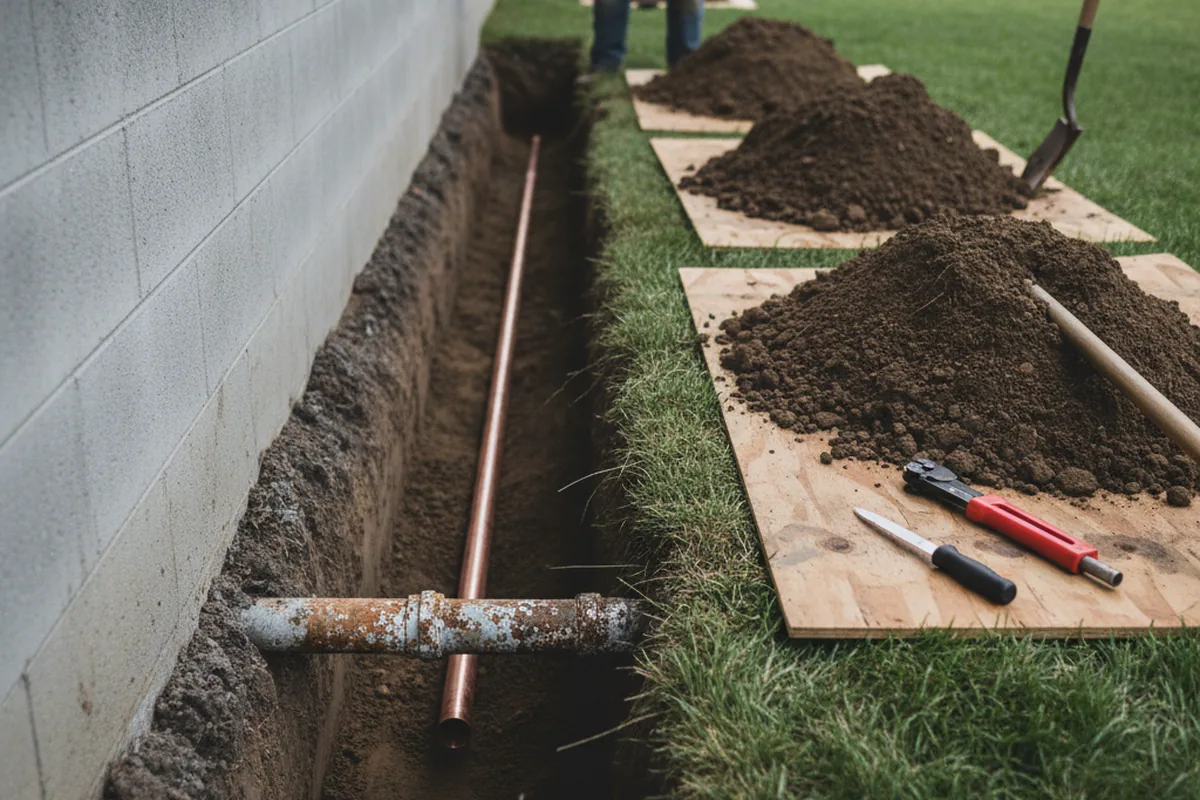 Excavated water line trench during Water Softener Installation in Owenton